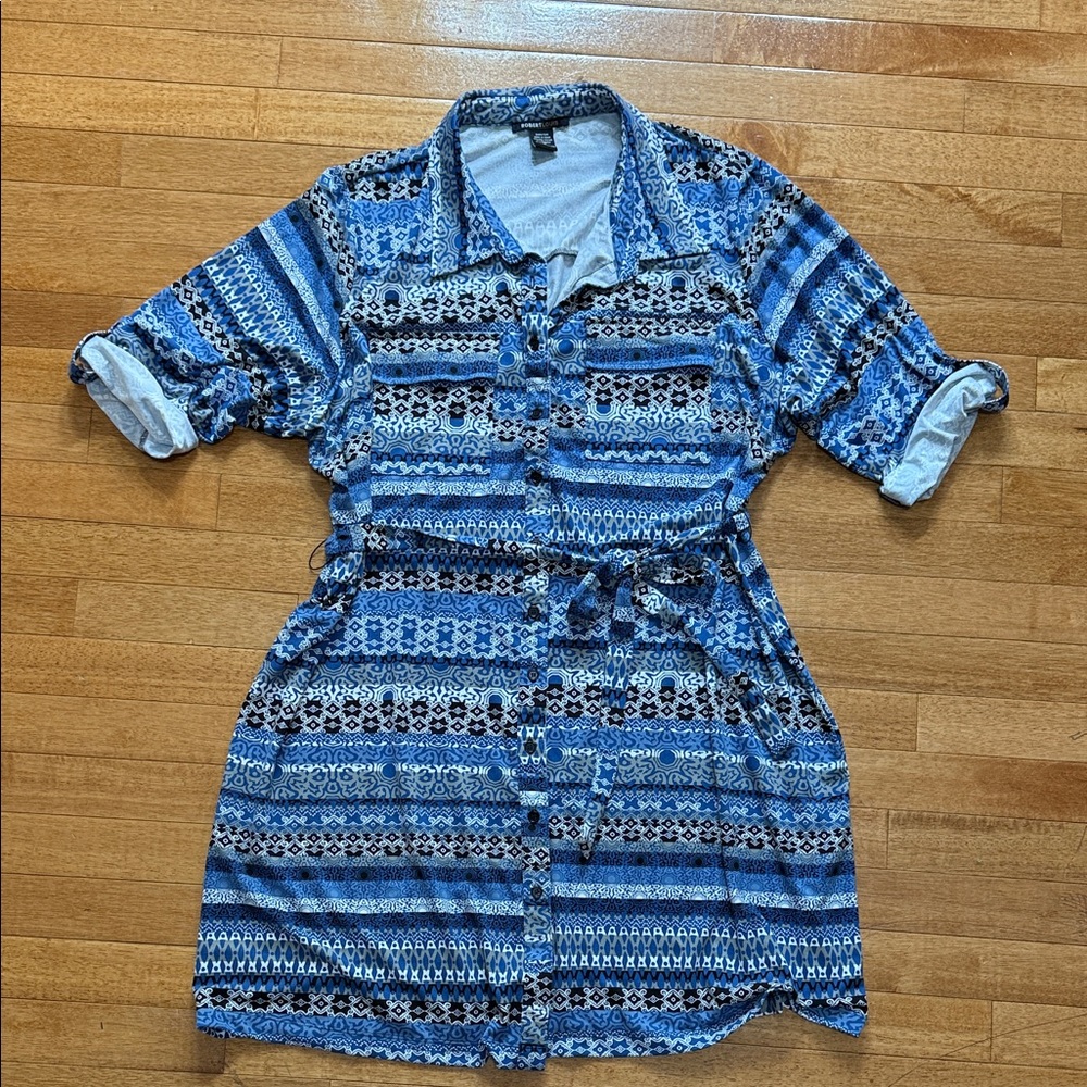 Robert Louis Blue & Black Patterned mid length Dress EUC